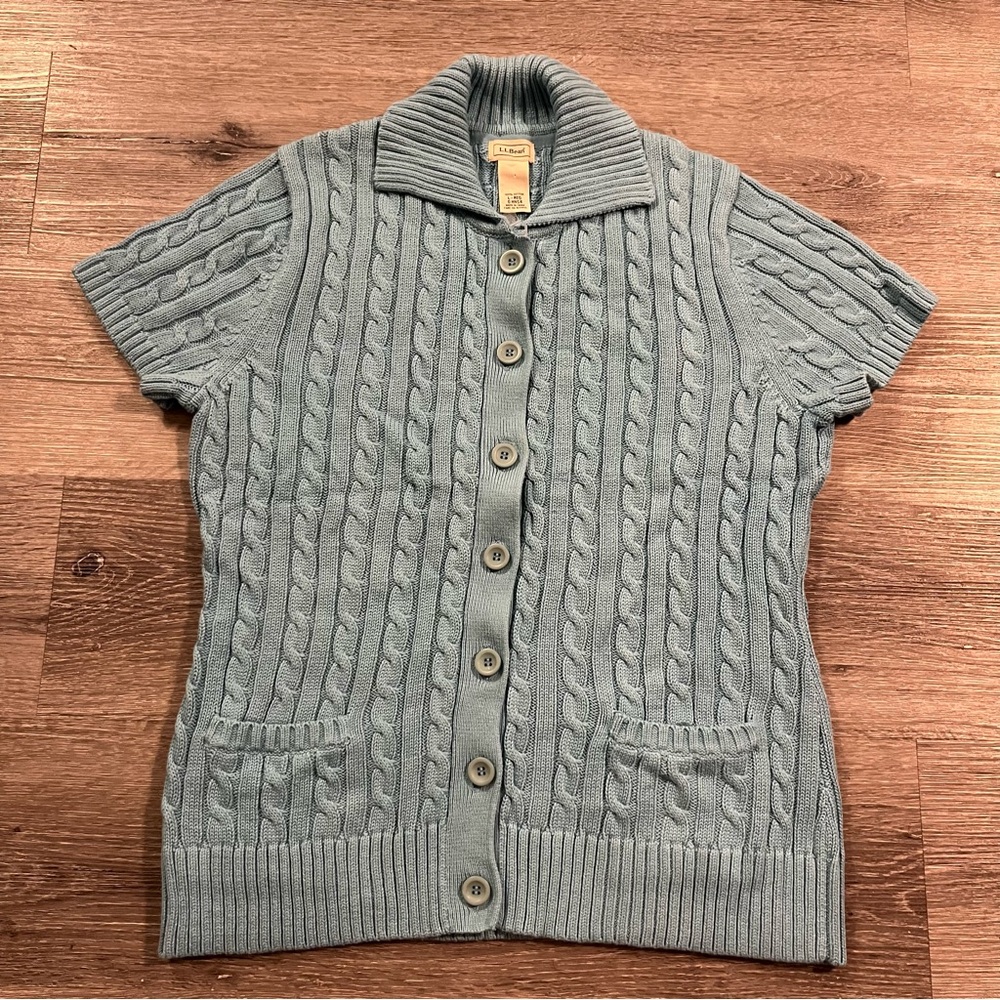 LL Bean Light Blue Women’s Short Sleeve Cable Knit Button Cardigan Sweater Large